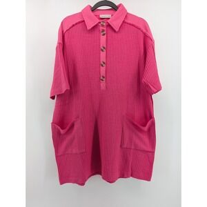 Zenana Waffle Knit Top Women Large Fuchsia Excellent Short Sleeve Henley Pocket